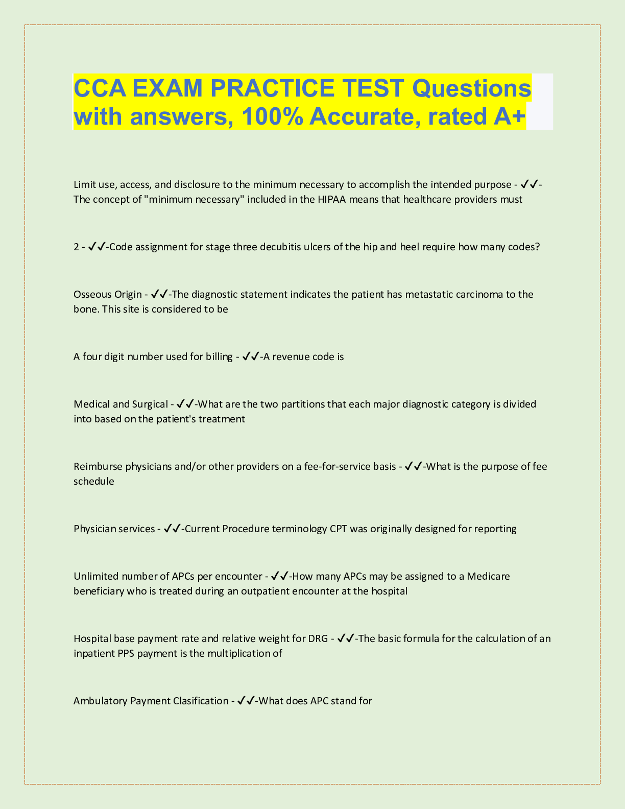 Preview image for CCA EXAM PRACTICE TEST Questions  with answers, 100% Accurate, rated A+